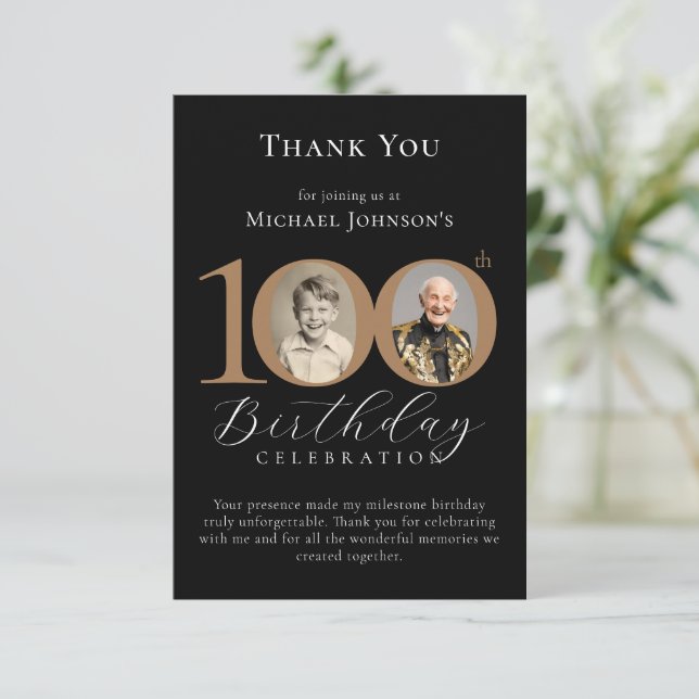 Simple Elegant Black Gold Photo 100th Birthday Thank You Card (Standing Front)