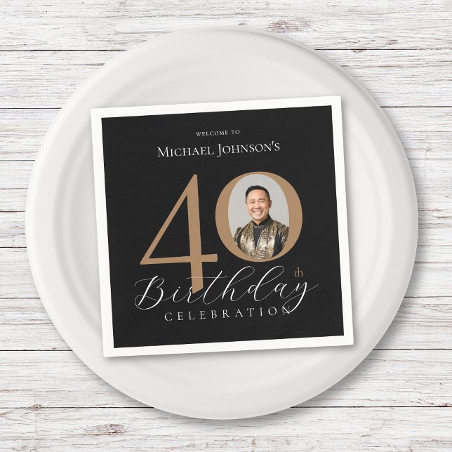 Simple Elegant Black Gold Photo 40th Birthday Napkin (Simple Elegant Black Gold Photo 40th Birthday Napkins)