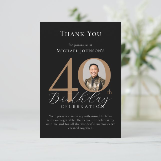 Simple Elegant Black Gold Photo 40th Birthday Thank You Card (Standing Front)