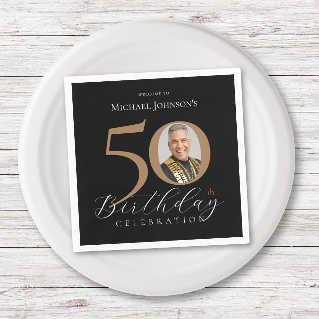 Simple Elegant Black Gold Photo 50th Birthday Napkin (Simple Elegant Black Gold Photo 50th Birthday Napkins)