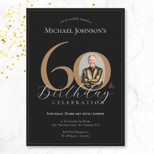 Simple Elegant Black Gold Photo 60th Birthday Invitation