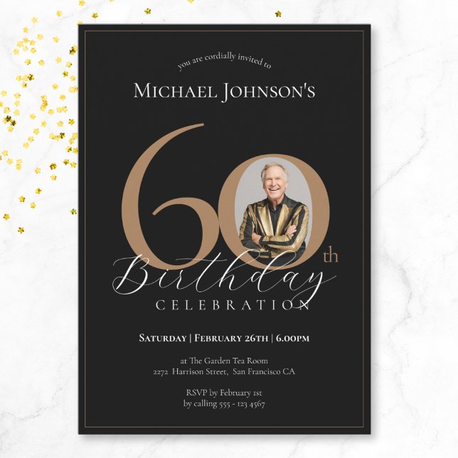 Simple Elegant Black Gold Photo 60th Birthday Invitation (Mockup View)
