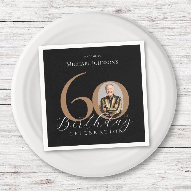 Simple Elegant Black Gold Photo 60th Birthday Napkin (Simple Elegant Black Gold Photo 60th Birthday Napkins)
