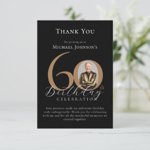 Simple Elegant Black Gold Photo 60th Birthday Thank You Card