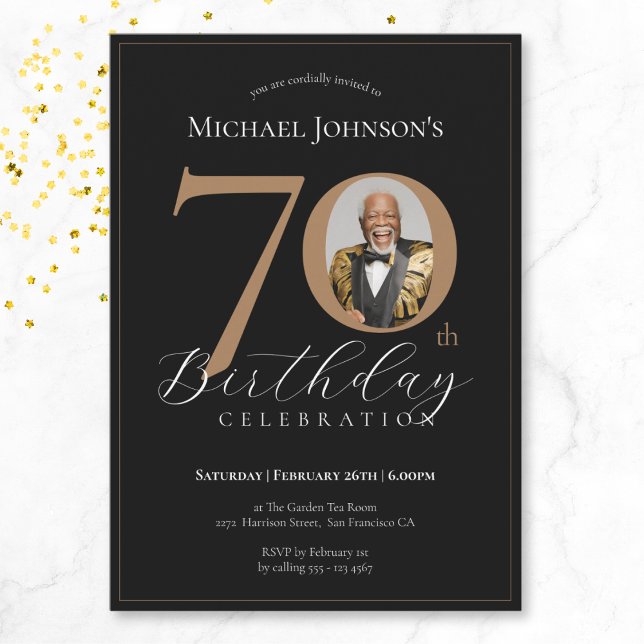 Simple Elegant Black Gold Photo 70th Birthday Invitation (Mockup View)