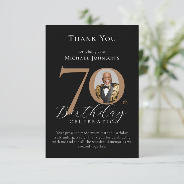 Simple Elegant Black Gold Photo 70th Birthday Thank You Card (Standing Front)