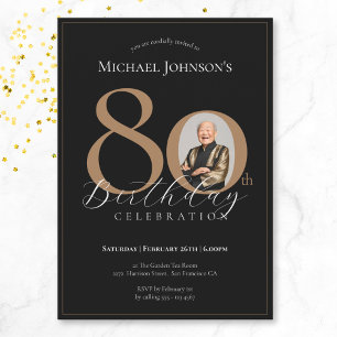 Simple Elegant Black Gold Photo 80th Birthday Invitation