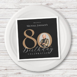 Simple Elegant Black Gold Photo 80th Birthday Napkin