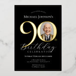 Simple Elegant Black Gold Photo 90th Birthday<br><div class="desc">Simple Elegant Black Gold Photo 90th Birthday Foil Invitation. Celebrate a milestone birthday with our Black and Gold Simple Elegant invitation, perfect for adding a touch of sophistication to your special day. This customisable design features a sleek black background adorned with elegant gold accents, creating a timeless and classy look....</div>