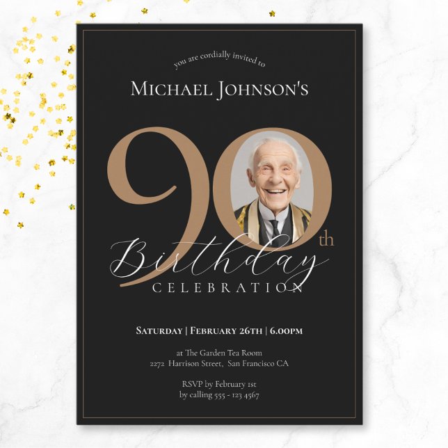 Simple Elegant Black Gold Photo 90th Birthday Invitation (Mockup View)