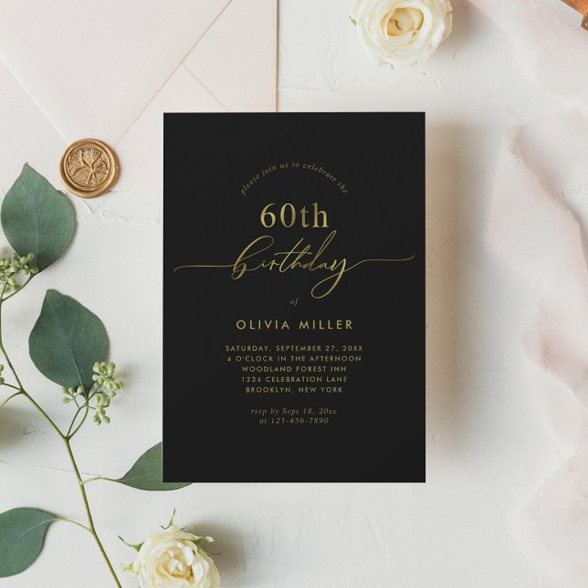 Simple Elegant Black Gold Script 60th Birthday Invitation (Creator Uploaded)