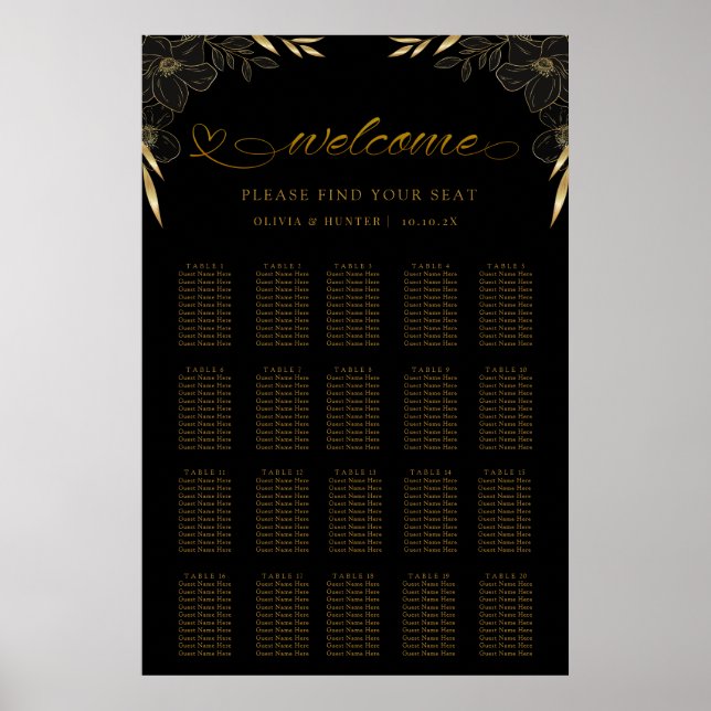 Simple Elegant Black & Gold  Wedding Seating Chart (Front)
