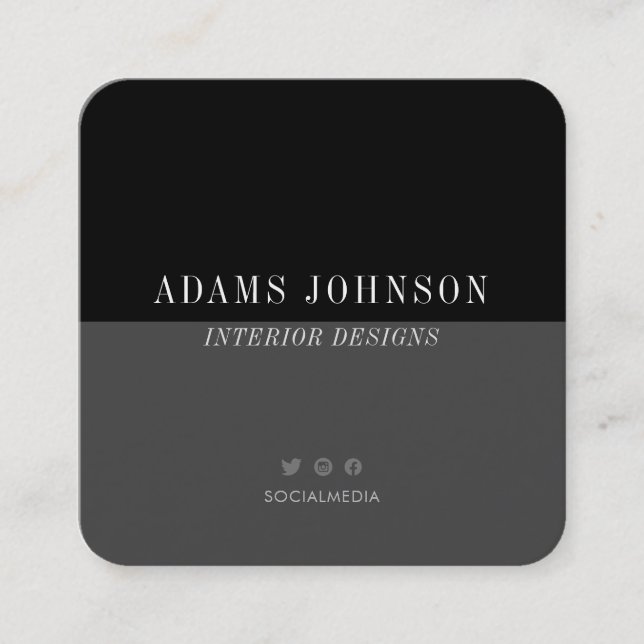 Simple Elegant Black Grey Social Media Square Business Card (Front)