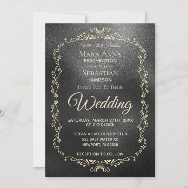 *~* Simple Elegant Black Iridescent Gold Wedding Invitation (Front)