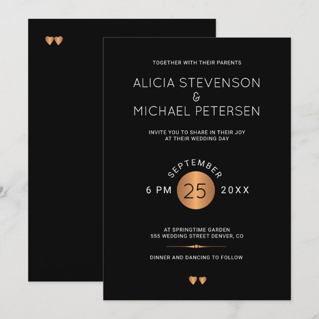 Simple elegant black metallic copper gold wedding invitation (Front/Back)