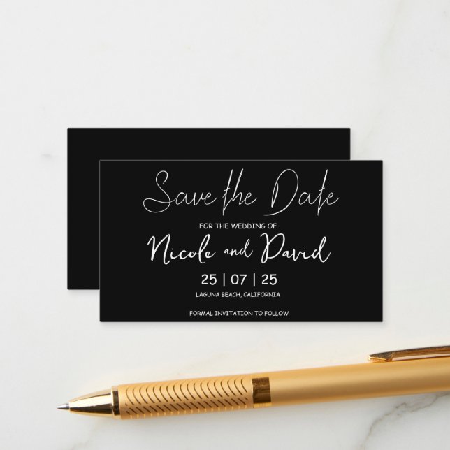 Simple elegant black minimalistic save the date enclosure card (Front/Back In Situ)