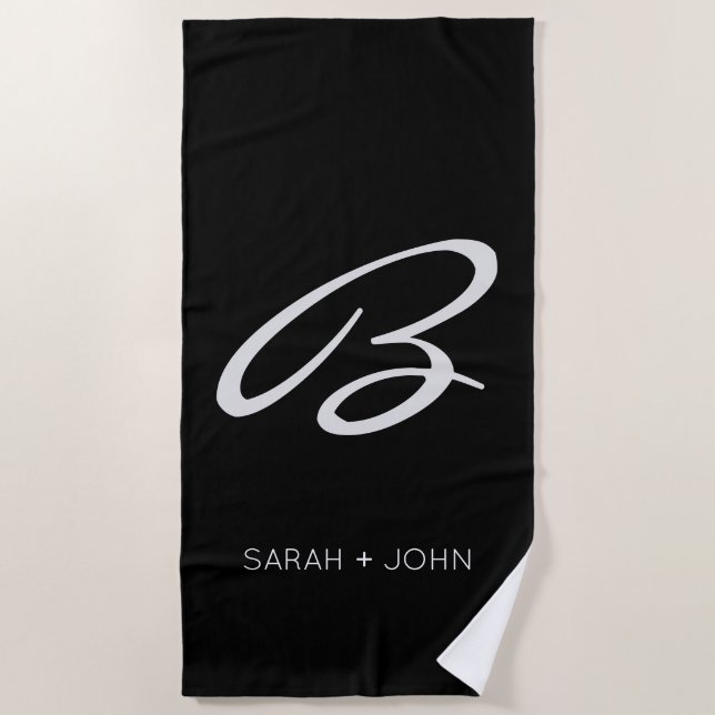 Simple Elegant Black Monogram Name Custom Beach Towel (Front)