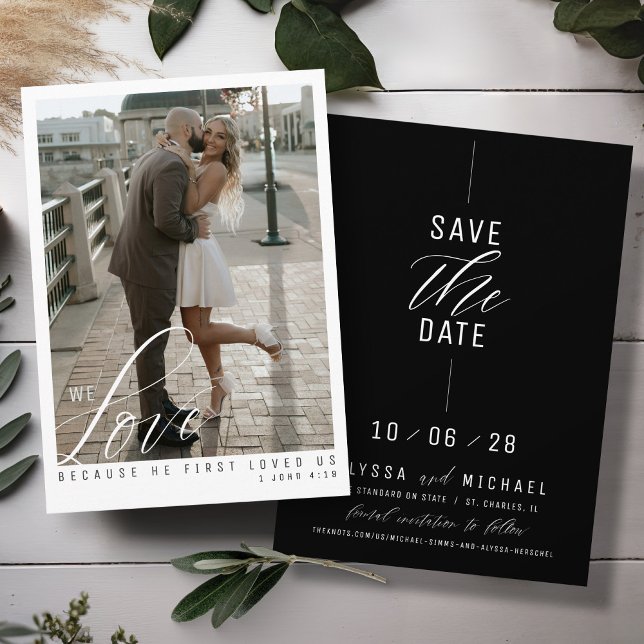 Simple Elegant Black Photo Christian Wedding Save The Date (Love scripture elegant photo simple gold, black and white modern Christian wedding save the date)