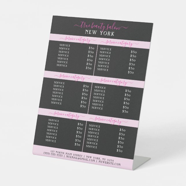 Simple Elegant Black Pink Logo Salon Price List Pedestal Sign (Front)