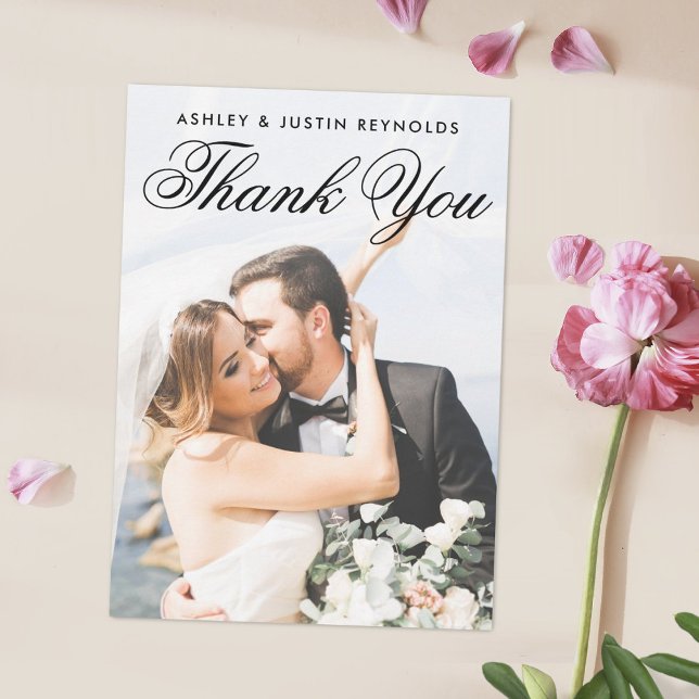Simple Elegant Black Script Custom Photo Wedding Thank You Card (Creator Uploaded)