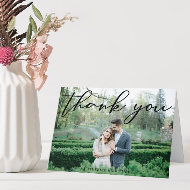 Simple Elegant Black Script Modern 3 Wedding Photo Thank You Card (Creator Uploaded)