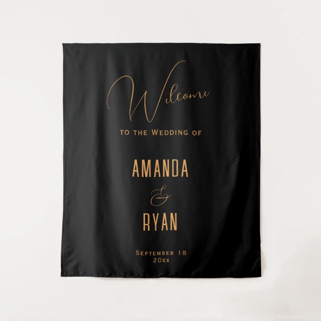 Simple Elegant Black Welcome Script Wedding Tapestry (Front)