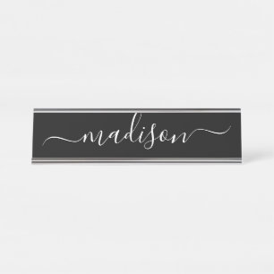 Simple Elegant Black White Feminine Script Name Desk Name Plate