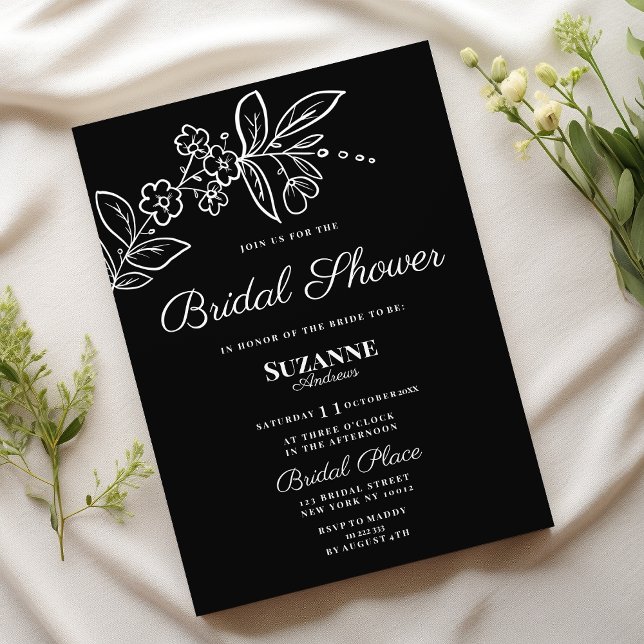 Simple elegant black white floral Bridal Shower Invitation (Simple elegant black white floral Bridal Shower )