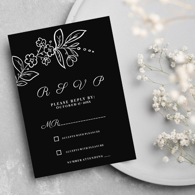 Simple elegant black white floral RSVP Invitation (Simple elegant black white floral RSVP)