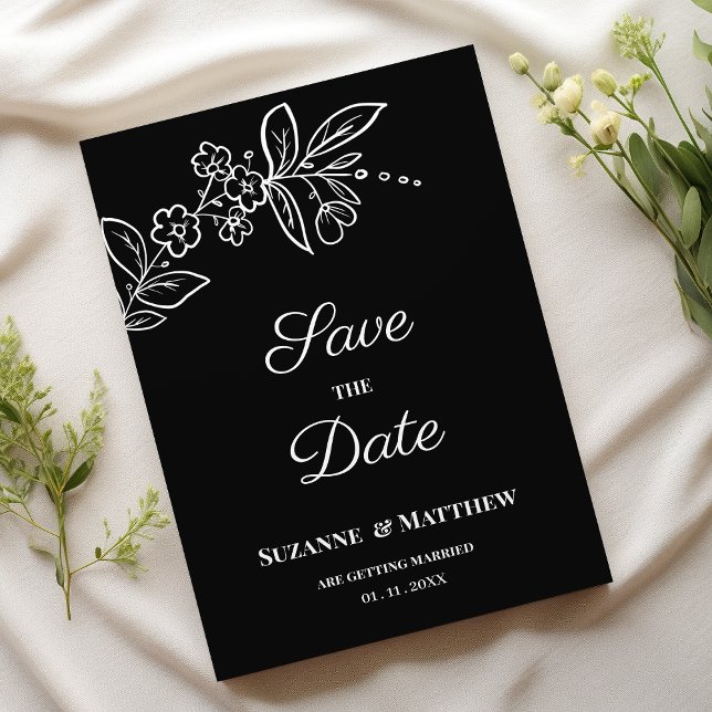 Simple elegant black white floral Save the Date Invitation (Simple elegant black white floral Save the Date)