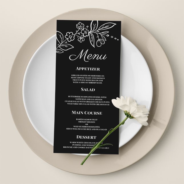 Simple elegant black white floral  Wedding Menu (Simple elegant black white floral Wedding Menu)