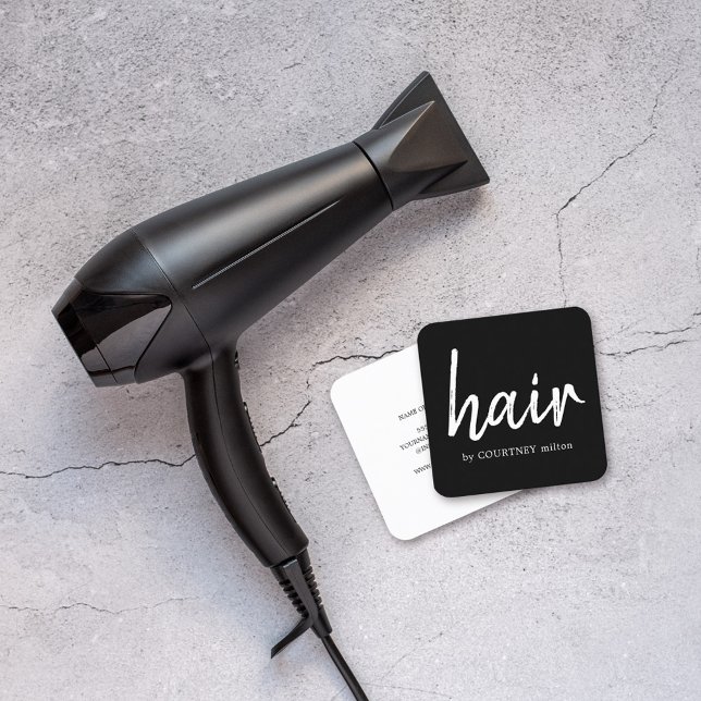 Simple Elegant Black White Hair Stylist Square Business Card (Creator Uploaded)