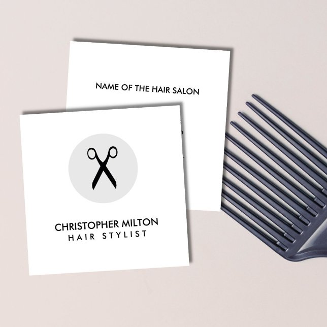 Simple Elegant Black White Hair Stylist Square Business Card (Creator Uploaded)