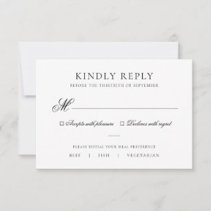 Simple Elegant Black & White Meal Choice Wedding RSVP Card