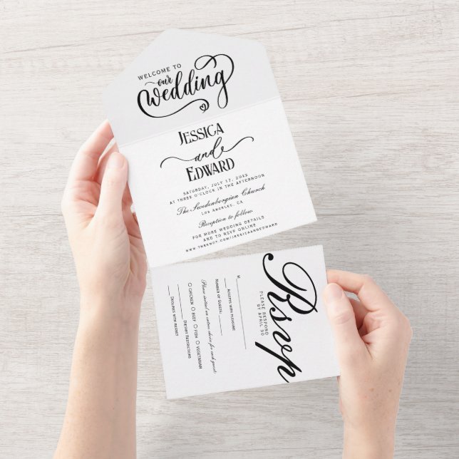 Simple Elegant Black White Modern Calligraphy  All In One Invitation (Tearaway)