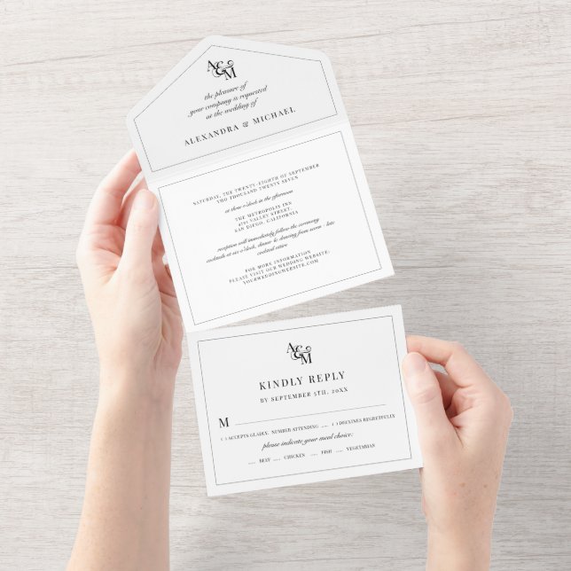 Simple Elegant Black White Modern Monogram Wedding All In One Invitation (Tearaway)