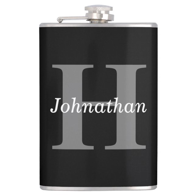 Simple Elegant Black White Monogram Monogrammed Hip Flask (Front)