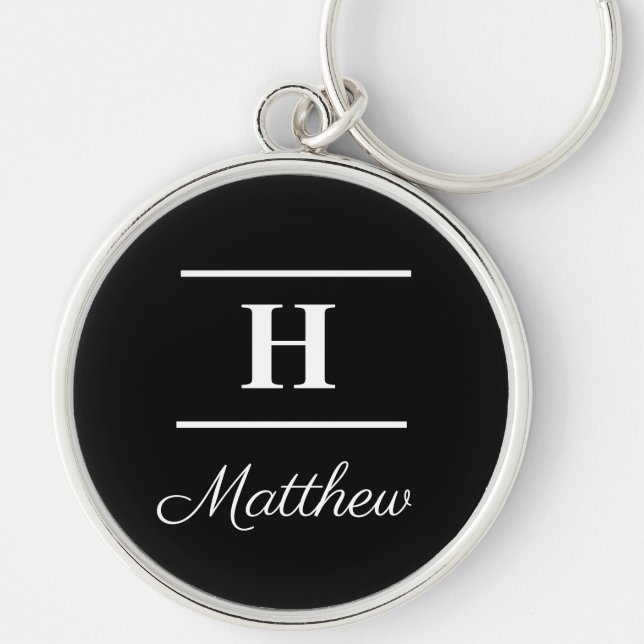 Simple Elegant Black White Monogram Name Stylish Key Ring (Front)