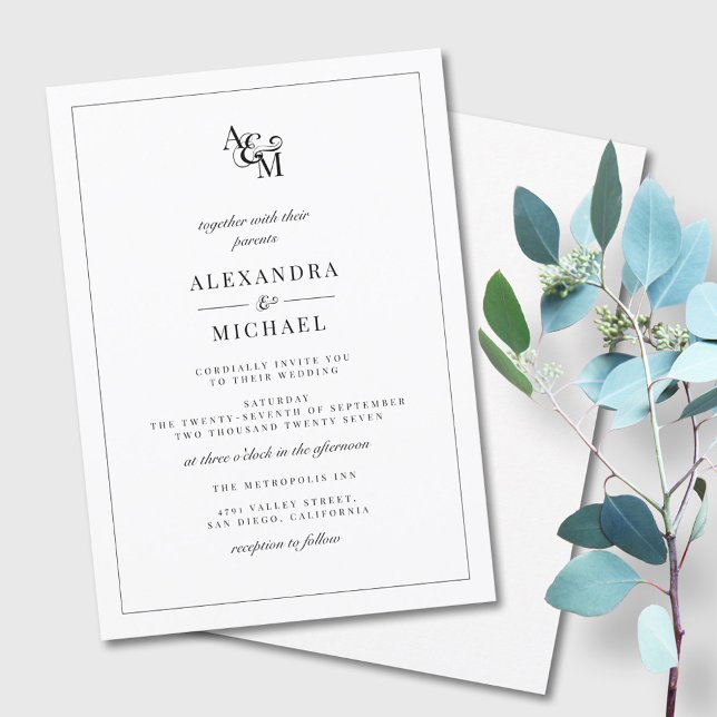 Simple Elegant Black White Monogram Wedding Invitation (Creator Uploaded)