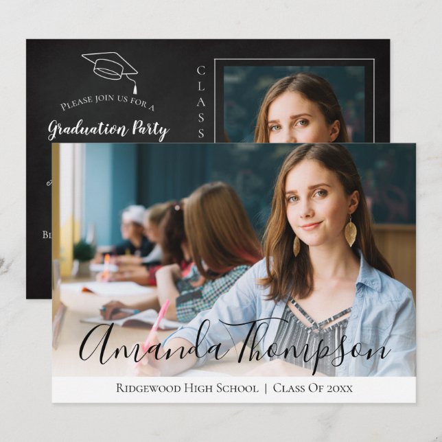 Simple Elegant Black White Multi Photo Graduation Invitation (Front/Back)