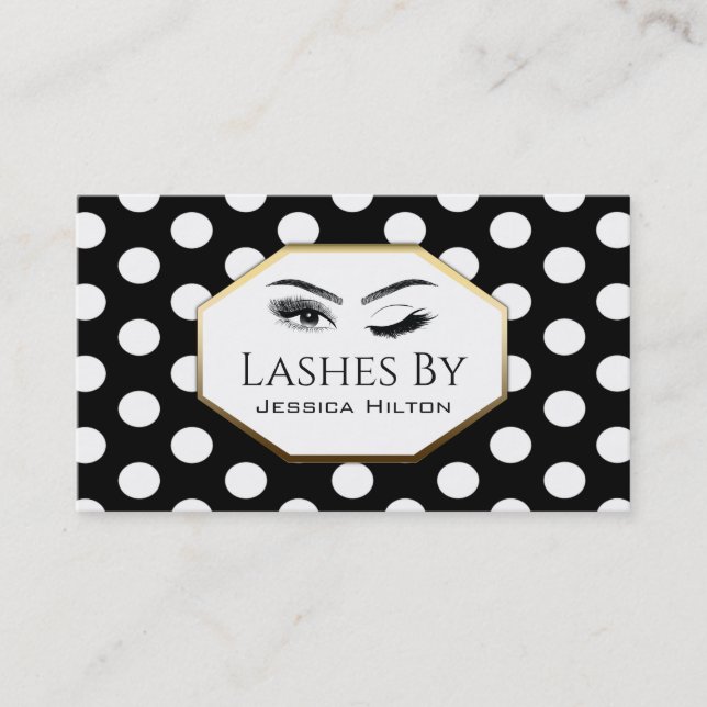 Simple elegant black white polka dots lashes business card (Front)