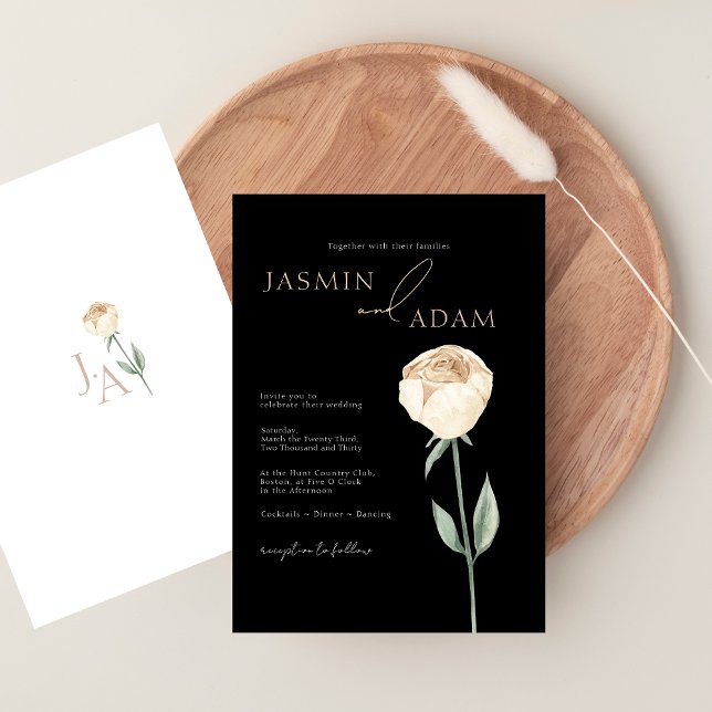 Simple Elegant Black White Rose Floral Wedding Invitation (Simple Elegant Black White Rose Floral Wedding Invitation)