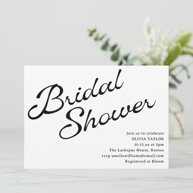 Simple Elegant Black White Script Bridal Shower Invitation (Standing Front)