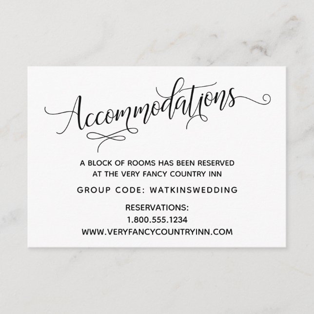 Simple, Elegant Black White Wedding Accommodations Enclosure Card (Front)
