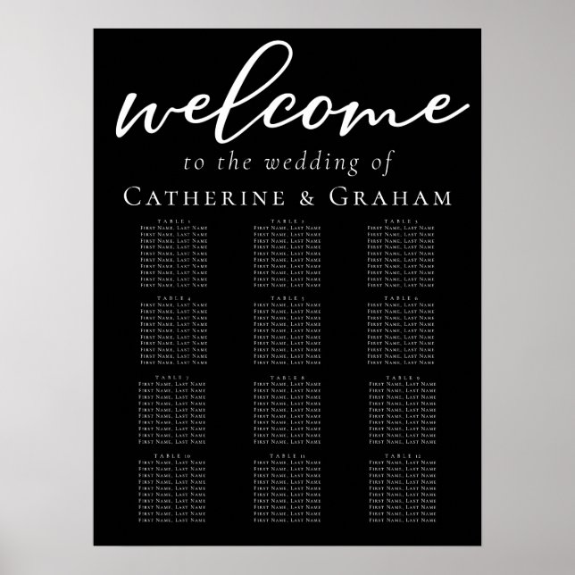 Simple Elegant Black White Wedding Seating Chart (Front)