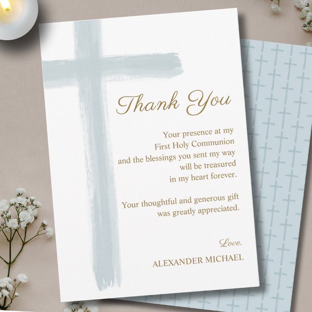Simple Elegant Blue Cross First Holy Communion  Thank You Card (Creator Uploaded)