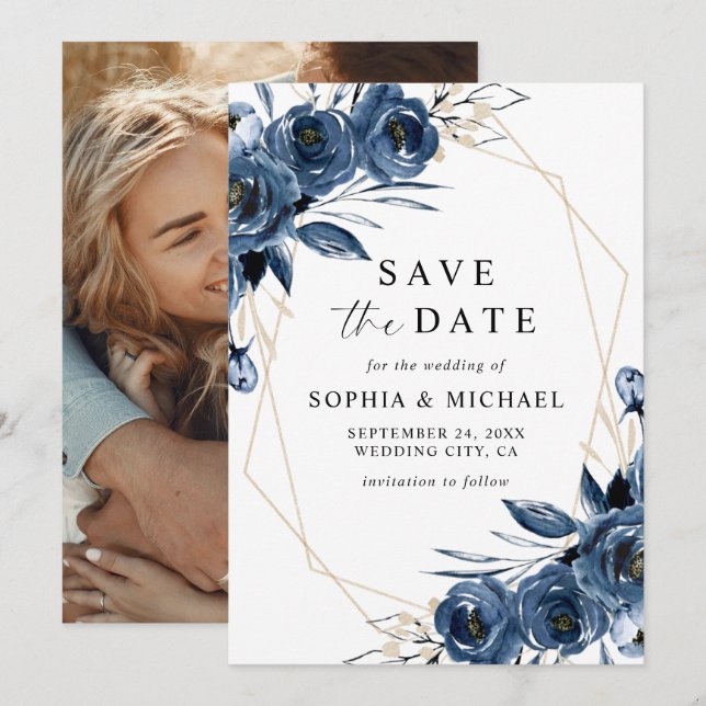 Simple Elegant Blue Floral Script & Photo Wedding  Save The Date (Front/Back)
