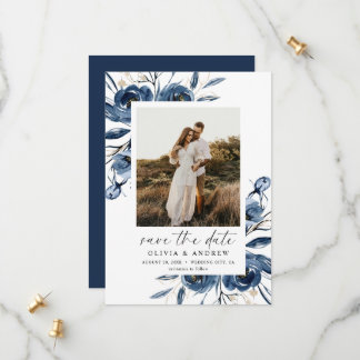 Simple Elegant Blue Floral Script & Photo Wedding Save The Date