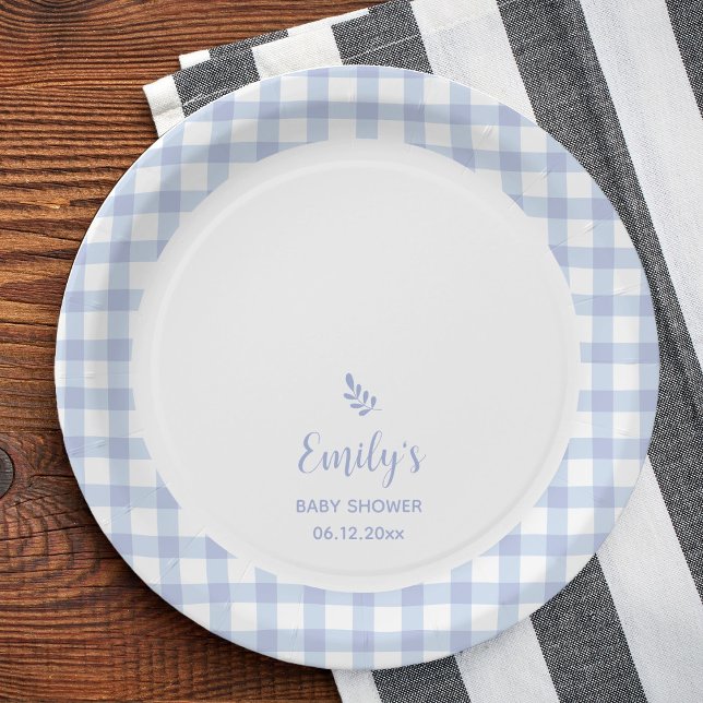 Simple Elegant Blue Gingham Plaid Boy Baby Shower Paper Plate (Creator Uploaded)