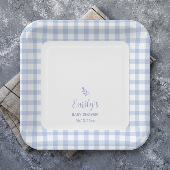 Simple Elegant Blue Gingham Plaid Boy Baby Shower Paper Plate (Creator Uploaded)